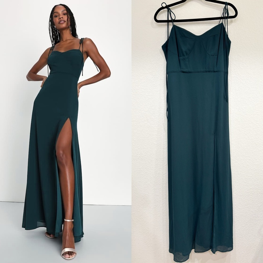 NWOT Lulus Thriving Elegance Emerald Green Tie-Strap Maxi Dress